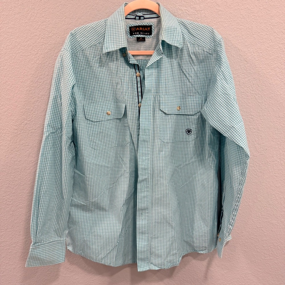 Ariat Pro Series Mens Small Teal White Gingham Check Western Button Down Shirt